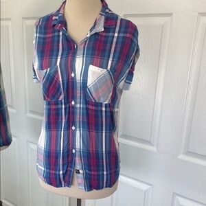 Rails Short Sleeve Plaid Button-Up Shirt in Blue and Pink